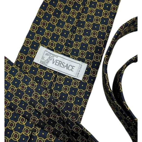 VERSACE Men's 100% Silk Necktie LUXURY Tie Navy Gold Geometric Logo W:3.6" EUC - Picture 2 of 6